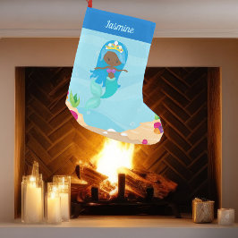 Calcetín Navideño Pequeño Chica de sirena negra, Personalizado afroamericano