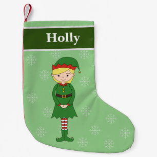Calcetín Navideño Pequeño Chica Elfa Navidad Copos de Nieve Verde
