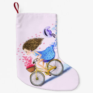Calcetín Navideño Pequeño Chica En Bicicletas Navidades Sostienen Amor Román