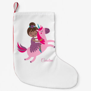 Calcetín Navideño Pequeño Chica haitiana de brunette en una unicornio