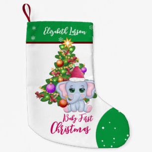 Calcetín Navideño Pequeño Chica Linda PRIMER NAVIDAD Elefante Verde DEL BEBÉ