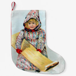 Calcetín Navideño Pequeño Chica Sledding del invierno del vintage