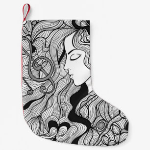 Calcetín Navideño Pequeño Chica y música. Ilustracion de época. Ropa negra