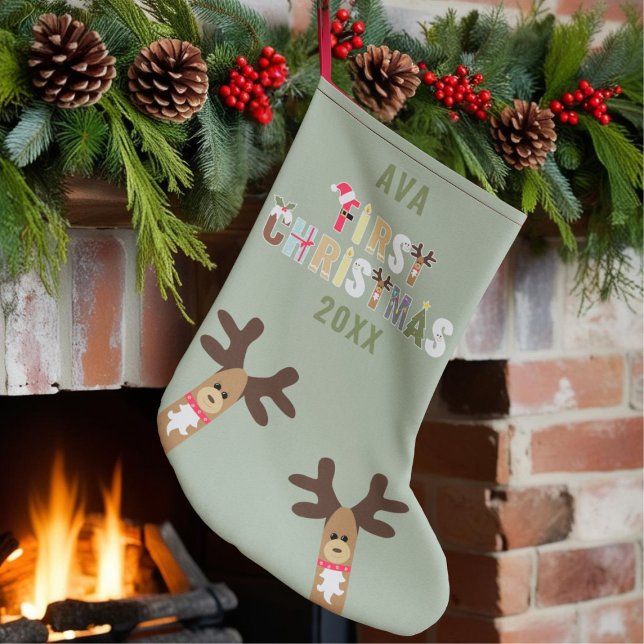 Calcetín Navideño Pequeño Chicas adoran reno verde primero Navidad (A cute 1st Christmas Stocking. Just add your little one's name and year.)