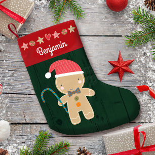 Calcetín Navideño Pequeño Chico de pan de jengibre verde festivo nombre rúst