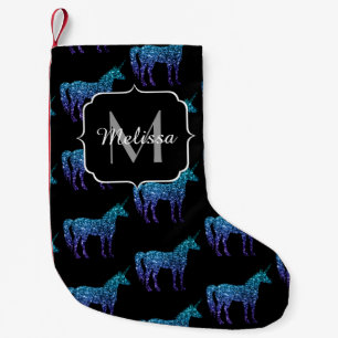 Calcetín Navideño Pequeño Chispas de unicornio patrón de ombre azul acuatico