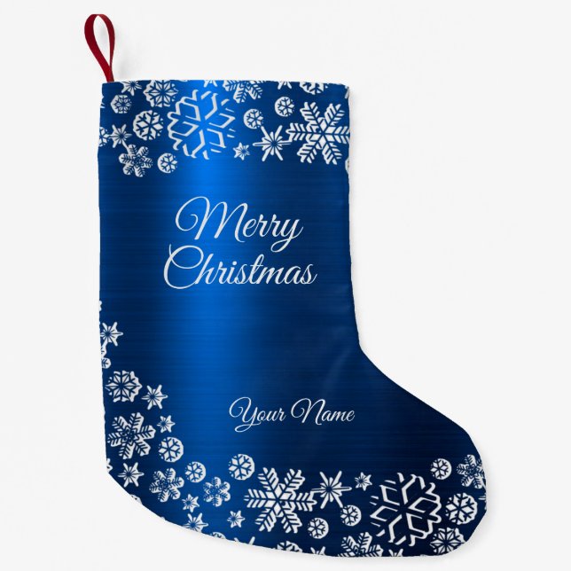 Calcetín Navideño Pequeño Christmas Celebration White Snowflakes Navy Blue (Anverso)