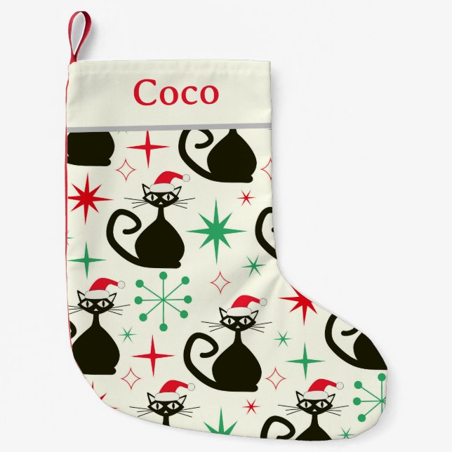 Calcetín Navideño Pequeño Christmas Mid Century Retro Atomic Cats Name  (Anverso)