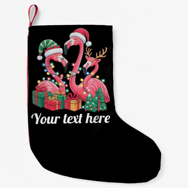 Calcetín Navideño Pequeño Christmas Palm Flamingo Personalized Xmas Lights  (Anverso)