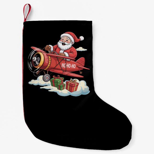 Calcetín Navideño Pequeño Christmas Santa Claus Pilot Flying Airplane Gift (Anverso)