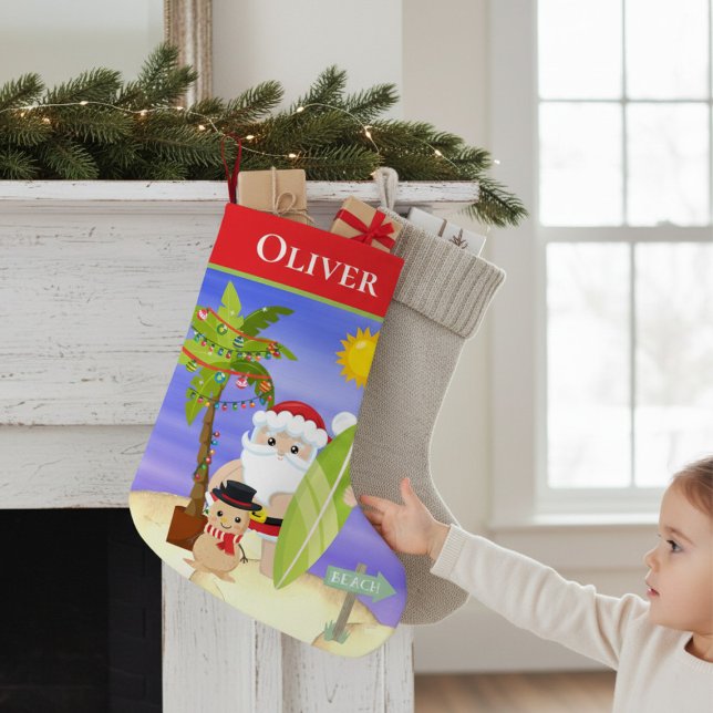 Calcetín Navideño Pequeño Christmas Summer Santa Beach Surfing Personalized (Subido por el creador)