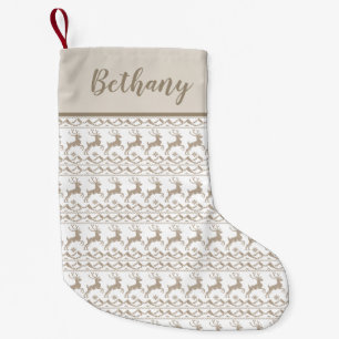 Calcetín Navideño Pequeño Ciervo beige vintage y copos de nieve Nombre perso