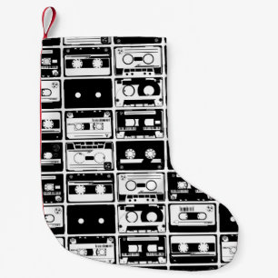 Calcetín Navideño Pequeño Cintas de audio retro, patrón anticuado.