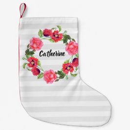 Calcetín Navideño Pequeño Círculo de flor de color de agua rojo y rosa