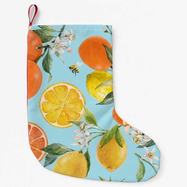 Calcetín Navideño Pequeño Cítricos acuarela Frutas: Dibujado a mano (Anverso)