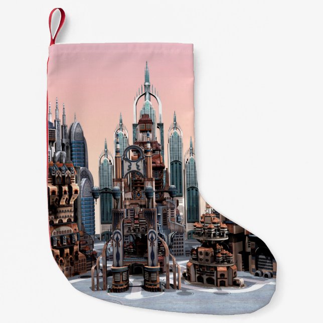 Calcetín Navideño Pequeño Ciudad futurista (Anverso)