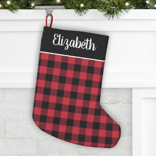 Calcetín Navideño Pequeño Clásico Plaid de Búfalo Rojo y Negro con Nombre en