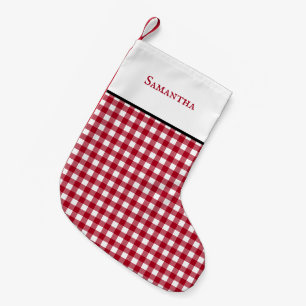 Calcetín Navideño Pequeño Clásico rojo de gingham plaid con nombre