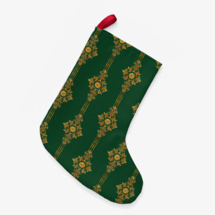 Calcetín Navideño Pequeño Clásico Wm. Morris Poinsettia Verde Dorado Rayado
