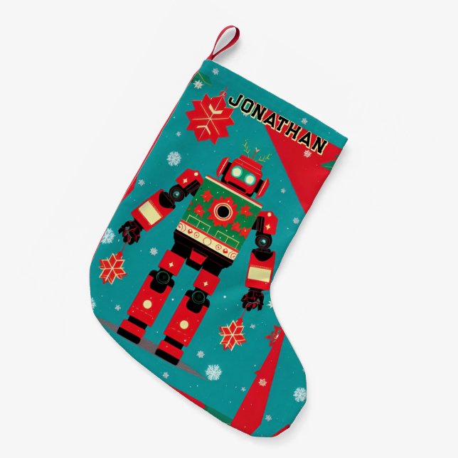 Calcetín Navideño Pequeño Classic Christmas Sweater Pattern Robot (Frente (Colgado))