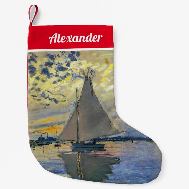 Calcetín Navideño Pequeño Claude Monet - Barco de vela en Le Petit-Gennevill (Anverso)