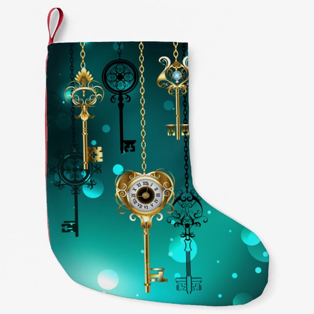 Calcetín Navideño Pequeño Claves de esqueleto antiguas sobre fondo verde (Anverso)