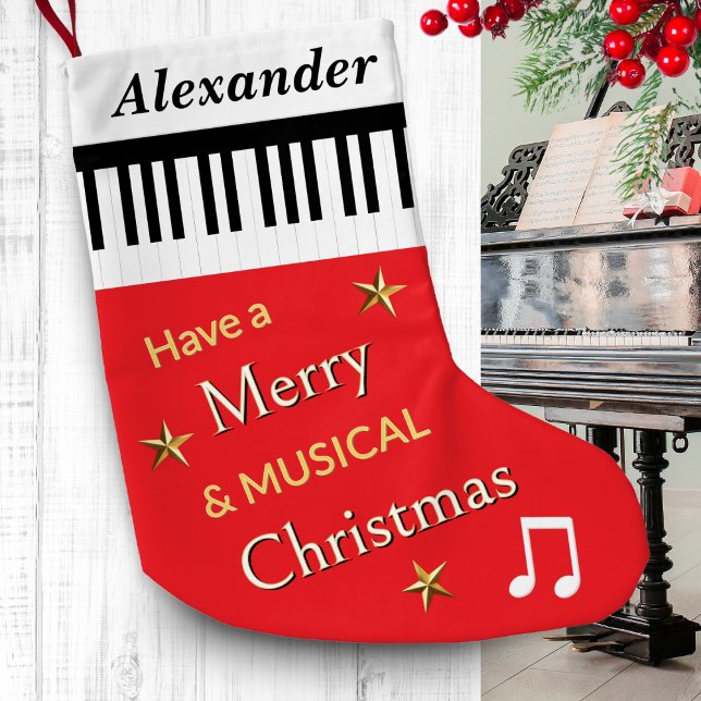 Calcetín Navideño Pequeño Claves de piano Brillantes Música Roja Tema Person (A personalized Christmas stocking, in red with piano keys pattern and festive greeting)