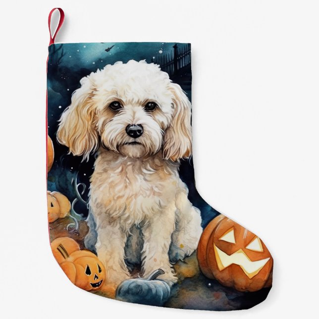 Calcetín Navideño Pequeño Cockapoo de Halloween con calabazas aterradoras (Anverso)