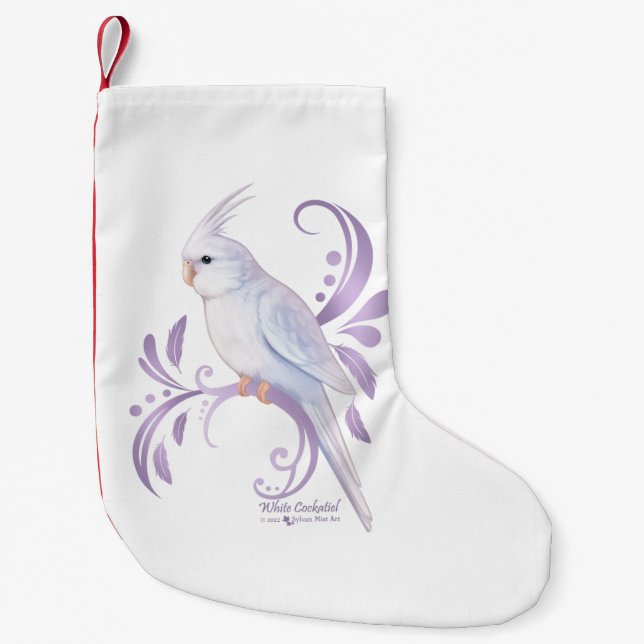 Calcetín Navideño Pequeño Cockatiel blanco (Anverso)