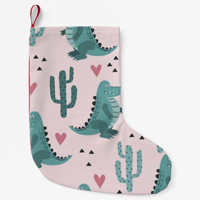 Calcetín Navideño Pequeño Cocodrilo lindo, patrón lagarto vintage. (Anverso)