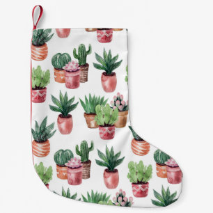 Calcetín Navideño Pequeño Colección de cactus en ollas, acuarela.