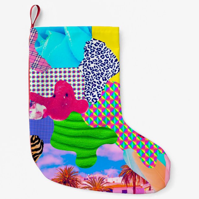 Calcetín Navideño Pequeño Collage de arte contemporáneo. Mezclar texturesart (Anverso)