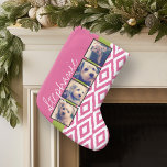 Calcetín Navideño Pequeño Collage de fotos de Instagram con nombre rosa cali<br><div class="desc">¡Puedes usar 4 fotos con marcos en esta! Añade tus cuatro fotos favoritas a esta tira para un divertido guardián de la memoria. Una forma artística de mostrar tus mejores fotos para compartir fotos.</div>