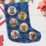 Calcetín Navideño Pequeño Collage de fotos Mascota personalizado  negro azul<br><div class="desc">Decore su casa y estropee su mascota favorita con este super lindo y divertido collage de fotos de mascotas personalizados y navidades de monogramas cargados con un diseño de mantas azul y negro de búfalo. 12 fotos, 6 a cada lado, para todos tus años fotos y recuerdos favoritos. Puedes hacer...</div>