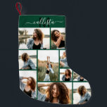 Calcetín Navideño Pequeño Collage de fotos personalizado Monograma Nombre in<br><div class="desc">Este caldo de Navidades tierno y fresco es perfecto para cada miembro de su familia. Haga una reserva especial y personalizada para su decoración de vacaciones. Presenta un collage de fotos de nueve personalizables de imágenes con un nombre monograma personalizado inicial en verde oscuro y blanco encima de un sencillo...</div>