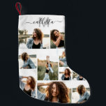 Calcetín Navideño Pequeño Collage de fotos personalizado Monograma Nombre in<br><div class="desc">Este caldo de Navidades tierno y fresco es perfecto para cada miembro de su familia. Haga una reserva especial y personalizada para su decoración de vacaciones. Presenta un collage de fotos de nueve personalizables de imágenes con un nombre de monograma personalizado inicial en negro y gris sobre un simple fondo...</div>