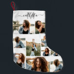 Calcetín Navideño Pequeño Collage de fotos personalizado Monograma Nombre in<br><div class="desc">Este caldo de Navidades tierno y fresco es perfecto para cada miembro de su familia. Haga una reserva especial y personalizada para su decoración de vacaciones. Presenta un collage de fotos de nueve personalizables de imágenes con un nombre de monograma personalizado inicial en negro y gris sobre un simple fondo...</div>