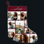 Calcetín Navideño Pequeño Collage de fotos personalizado Monograma Nombre in<br><div class="desc">Este caldo de Navidades tierno y fresco es perfecto para cada miembro de su familia. Haga una reserva especial y personalizada para su decoración de vacaciones. Presenta un collage de fotos de nueve personalizables de imágenes con un nombre de monograma personalizado inicial en color burdeos oscuro y blanco encima de...</div>