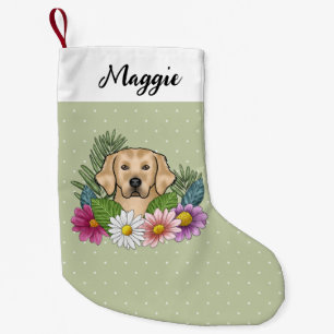 Calcetín Navideño Pequeño Color Amarillo Retriever Golden Flores Y Nombre