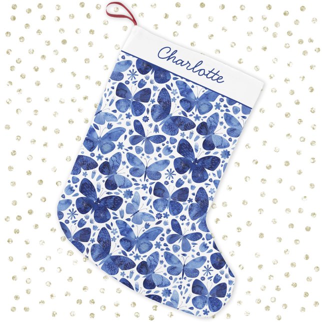 Calcetín Navideño Pequeño Color de agua de mariposa azul (Personalized script name pretty blue and white watercolor Christmas stocking)