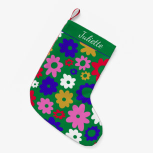 Calcetín Navideño Pequeño Colores Brillantes Flores Escandinavas Verdes Pers