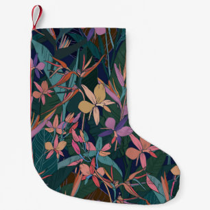 Calcetín Navideño Pequeño Coloridas hojas de selva tropical y flores mano d