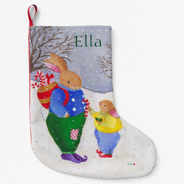 Calcetín Navideño Pequeño Conejo navideño con cesta (Anverso)