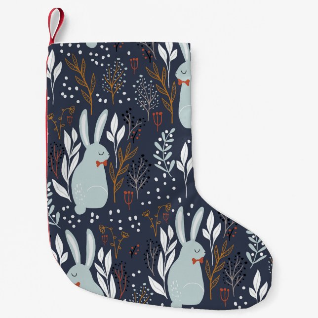 Calcetín Navideño Pequeño Conejos Adorables: Patrón de bosques sin foco (Anverso)