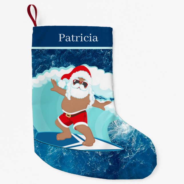 Calcetín Navideño Pequeño cool Beach surf Santa  (Anverso)