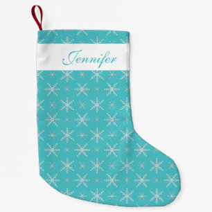 Calcetín Navideño Pequeño Copo de Nieve Azul y Blanco con Nombre Personaliza