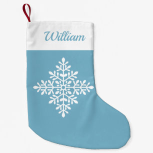 Calcetín Navideño Pequeño Copo de nieve blanco decorativo sobre azul claro y
