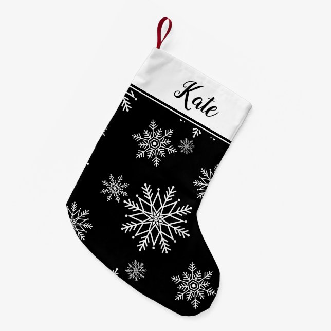Calcetín Navideño Pequeño Copo de nieve negro y blanco (Frente (Colgado))