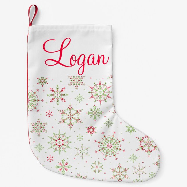 Calcetín Navideño Pequeño Copo de nieve rojo y verde (Anverso)