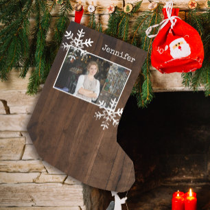 Calcetín Navideño Pequeño Copos de nieve de madera rústica Navidad personali